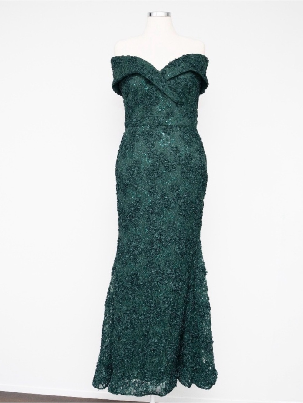 Xscape Off-Shoulder Teal Lace Evening Gown - Picture 2 of 14